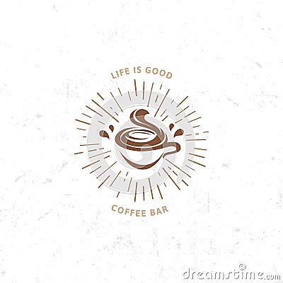 Vintage dark coffee emblem, flat retro illustration. Brown and beige colors sign. Stylized stamp of vector lettering Vector Illustration