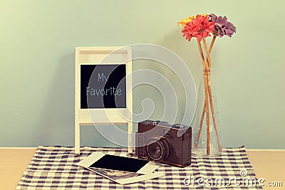 Vintage decor home on shelf. Stock Photo