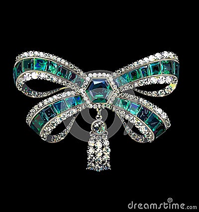 Vintage decoration, diamond emerald bow brooch Vector Illustration