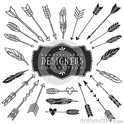 Vintage decorative arrows and feathers collection. Hand drawn Vector Illustration