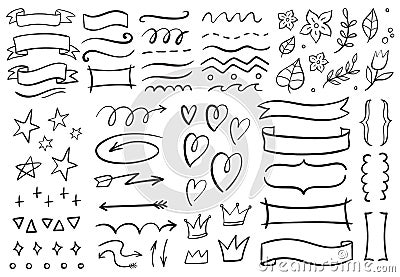 Vintage decorative doodles. Hand drawn ribbon, outline arrows and doodle holidays cards decorations vector set Vector Illustration