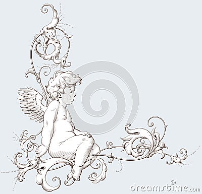 Vintage decorative element engraving with Baroque ornament pattern and cupid Vector Illustration