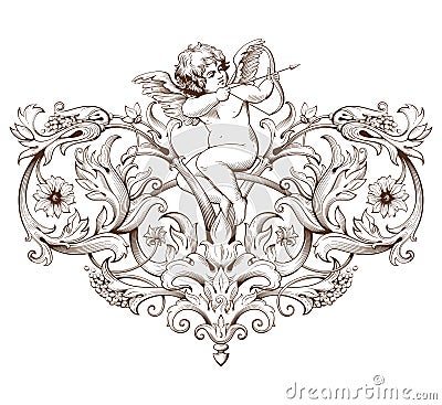 Vintage decorative element engraving with Baroque ornament pattern and cupid Vector Illustration