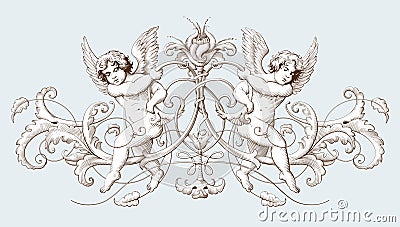 Vintage decorative element engraving with Baroque ornament pattern and cupids Vector Illustration