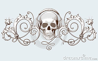 Vintage decorative element engraving with Baroque ornament pattern and skull with headphones Vector Illustration