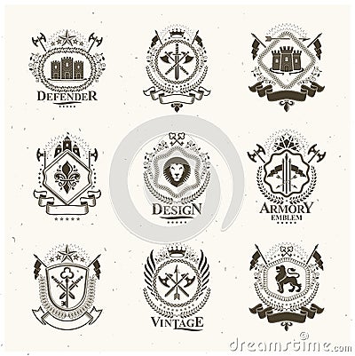 Vintage decorative emblems compositions, heraldic vectors. Classy high quality symbolic illustrations collection. Vector Illustration