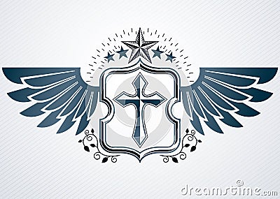 Vintage decorative heraldic vector emblem composed with Christian religious cross, eagle wings and pentagonal stars Vector Illustration