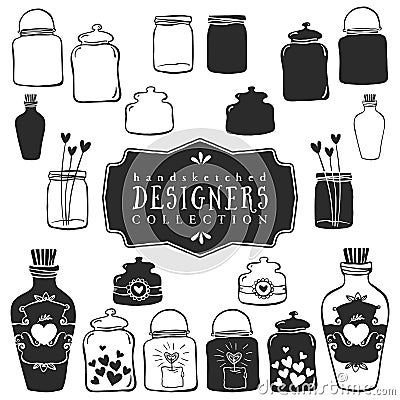 Vintage decorative jars with hearts collection. Hand drawn Vector Illustration