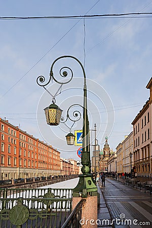 St. Petersburg, Russia, February 3, 2024. Old decorative lights near the Italian bridge. Editorial Stock Photo