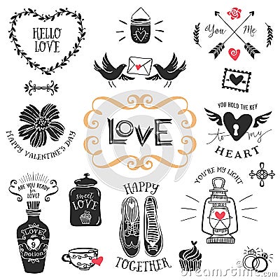 Vintage decorative love badges with lettering. Hand drawn vector Vector Illustration