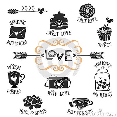 Vintage decorative love badges with lettering. Hand drawn vector Vector Illustration