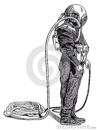 Vintage Deep Sea Diver Engraving Vector Illustration