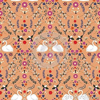 Vintage delicate small flower with white swan and bumblebee fantasy seamless pattern vector design,Design for fashion , fabric, Vector Illustration