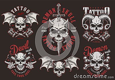 Vintage demon skull tattoo studio labels Vector Illustration