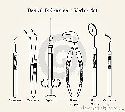 Vintage dentist tools. Medical equipment in retro style Vector Illustration