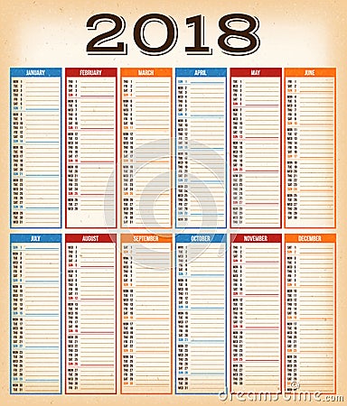 Vintage Design Calendar For Year 2018 Vector Illustration