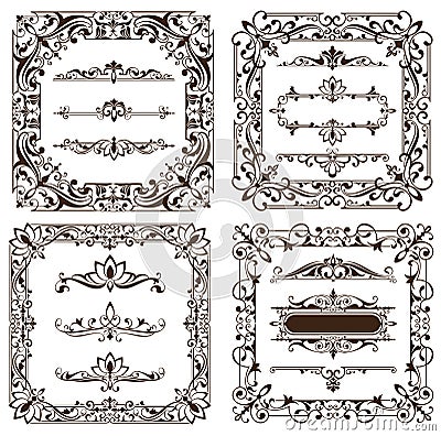 Vintage design elements ornaments frame corners curbs retro stickers and damask vector set illustration Vector Illustration