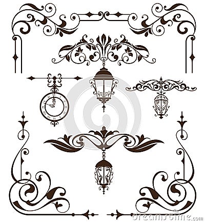 Vintage design elements ornaments frame corners curbs retro stickers and damask vector set illustration Vector Illustration