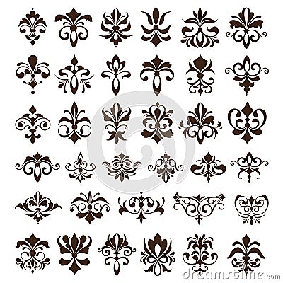 Vintage design elements ornaments frame corners curbs retro stickers and damask vector set illustration Vector Illustration