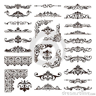 Vintage design elements ornaments frame corners curbs retro stickers and damask vector set illustration Vector Illustration