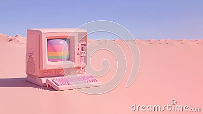 Vintage Desktop PC with Floppy Drive, Keyboard and Mouse in pink pastel color. Creativity and minimalism. Generative AI Stock Photo
