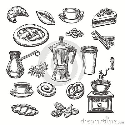 Vintage desserts and coffee sketch Vector Illustration