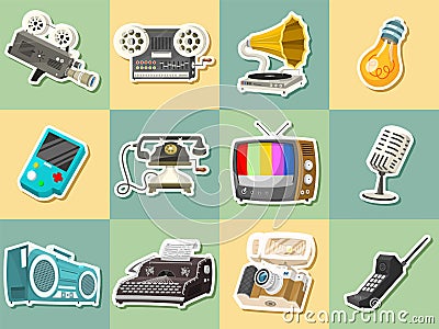 Vintage devices icons. Retro tech media, Television tv, Audio radio music, Electronic sound recorders, Movie Camera Vector Illustration