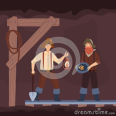 Vintage diggers of American gold rush period in mine, flat vector illustration. Vector Illustration