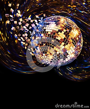 Golden disco mirror ball turning and breaking into fragments Stock Photo