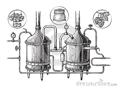 Vintage distillation apparatus sketch. Moonshining vector illustration Vector Illustration