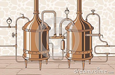 Vintage distillation apparatus sketch. Moonshining vector illustration Vector Illustration