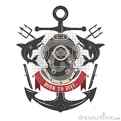 Vintage diving helmet with sharks and tridents. Divers club emblem template. Vector Illustration