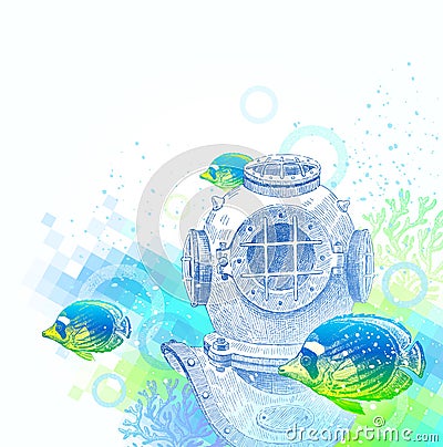 Vintage diving helmet and tropical fishes Vector Illustration