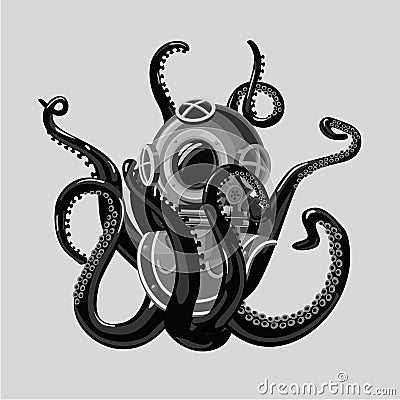 Vintage diving suit with octopus. Retro scuba helmet and tentacles. Tattoo style. Vector Illustration