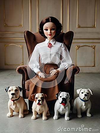 Vintage doll sitting in a chair with a group of dogs Stock Photo