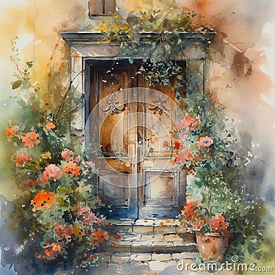 Vintage doors adorned with colorful flowers Stock Photo