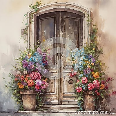 Vintage doors adorned with colorful flowers Stock Photo