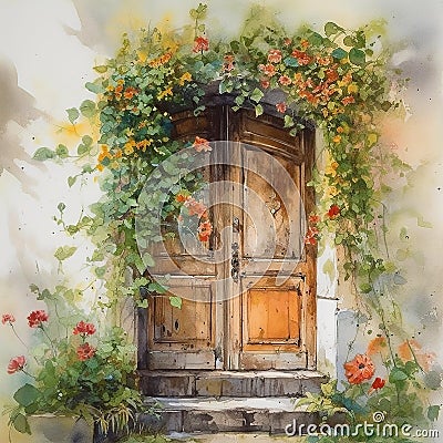 Vintage doors adorned with colorful flowers Stock Photo