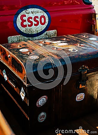 Vintage dower chest in the trunk of a red pickup car Editorial Stock Photo