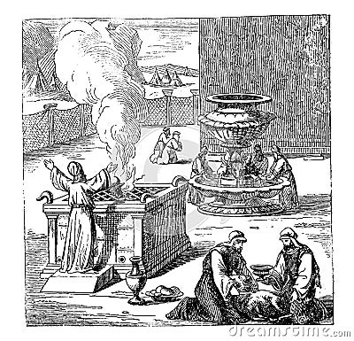 Vintage Drawing of Biblical Israelites Offering or Sacrificing to God Vector Illustration