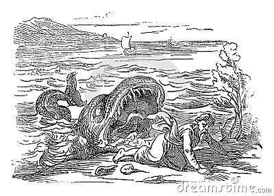 Vintage Drawing of Biblical Prophet Jonah Vomited by Big Fish. Old Man and Big Water Monster. Bible, Old Testament Vector Illustration