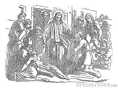 Vintage Drawing of Biblical Story of Jesus Healing Sick People in Front of the Synagogue at Capernaum.Bible, New Vector Illustration