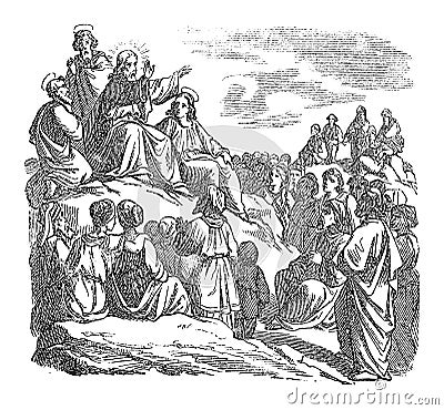 Vintage Drawing of Biblical Story of Jesus teaching the Crowd, Sermon in the Mount.Bible, New Testament, Matthew 5 Vector Illustration