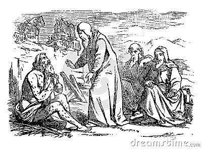 Vintage Drawing of Biblical Story of Job. Old Sick Man is Talking With Three Friends Vector Illustration