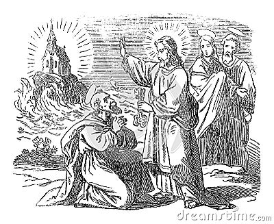 Vintage Drawing of Biblical Story of Peter Declares that Jesus is the Messiah. Jesus Is Giving the Keys of Kingdom of Vector Illustration