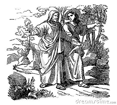 Vintage Drawing of Biblical Story of Ruth and Boaz. Man and Woman Are Walking Together Vector Illustration
