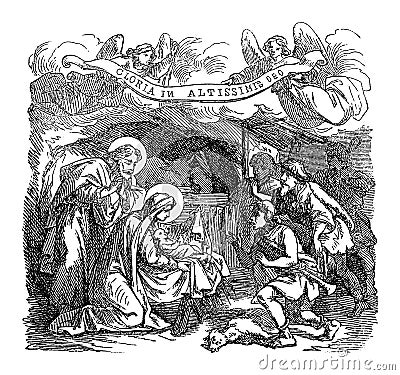 Vintage Drawing of Biblical Story of Shepherds Visiting Newborn Baby Jesus, Virgin Mary and Joseph in Bethlehem.Bible Vector Illustration