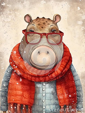 Vintage drawing of a cute hippopotamus dressed in a scarf and coat Stock Photo