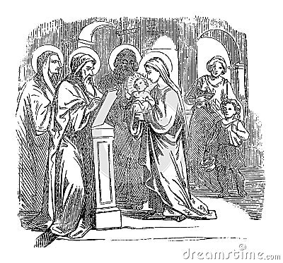 Vintage Drawing of Biblical Story of Baby Jesus in Temple with Mother Mary and Father Saint Joseph, Simeon and Anna Vector Illustration