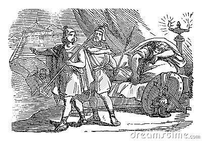 Vintage Drawing of Biblical Story of David and Abishai Spares Life of Sleeping King Saul.Bible, Old Testament, 1 Samuel Vector Illustration